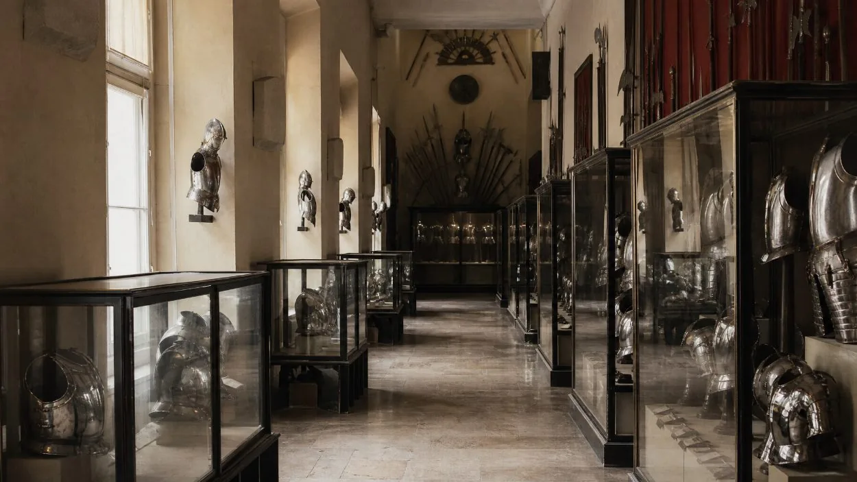 A hall of armour in the Army Museum, full harnesses lined up under the vault