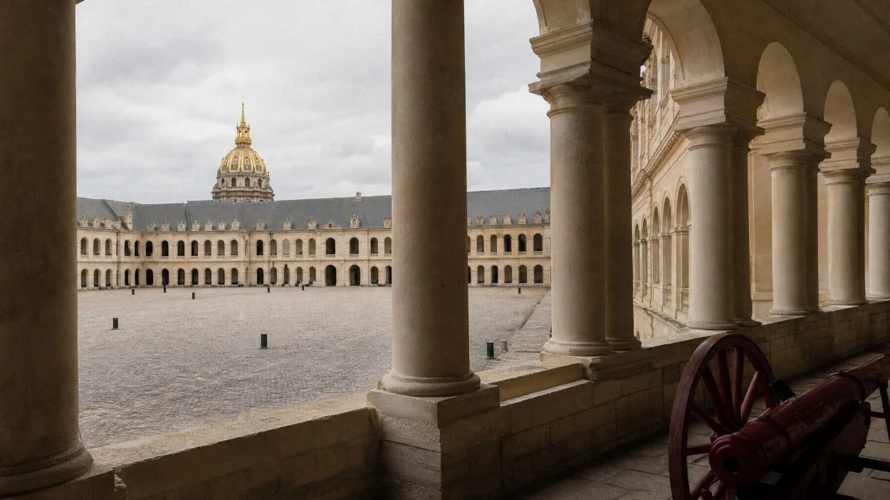 The main courtyard of Les Invalides with its two tiers of arcaded galleries