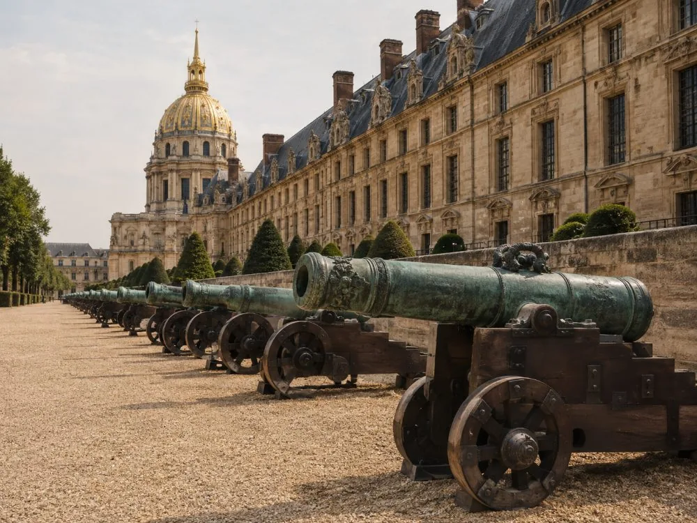 Bronze cannon of the triumphal battery lined up in the moats of Les Invalides